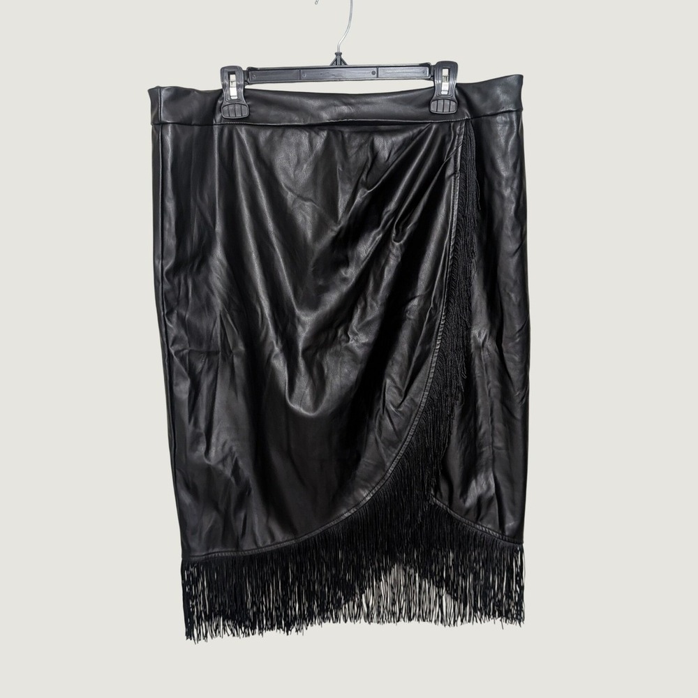 NWT Belle Poque Black Faux Leather Fringe Wrap Pencil Skirt Womens 2XL